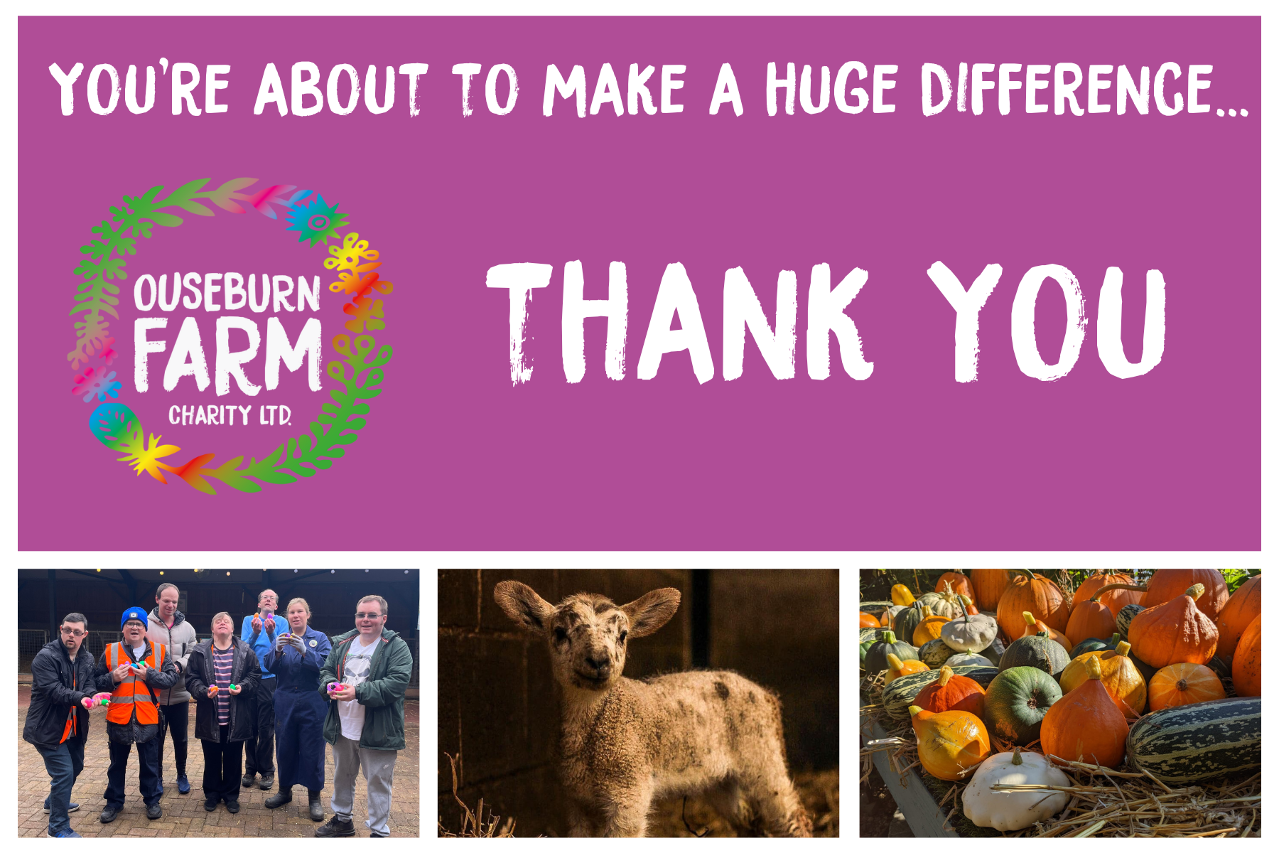 Image says 'You're about to make a huge difference - thank you' alongside the Ouseburn Farm logo and some photos of our Placements and volunteers in the farmyard, a lamb and some orange pumpkins